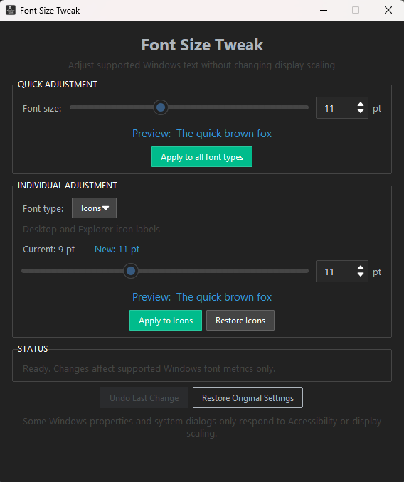 Font Size Tweak Windows font-size settings interface